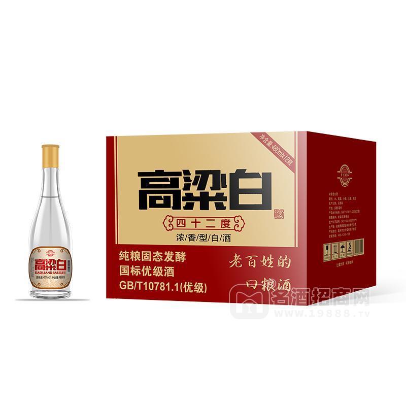 高粱白42度濃香型白酒純糧固態(tài)發(fā)酵白酒	480ml×12瓶